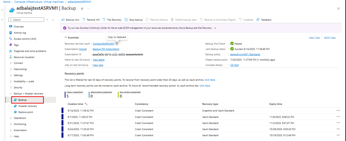 Screenshot shows how to open Recovery Services vault backup item.