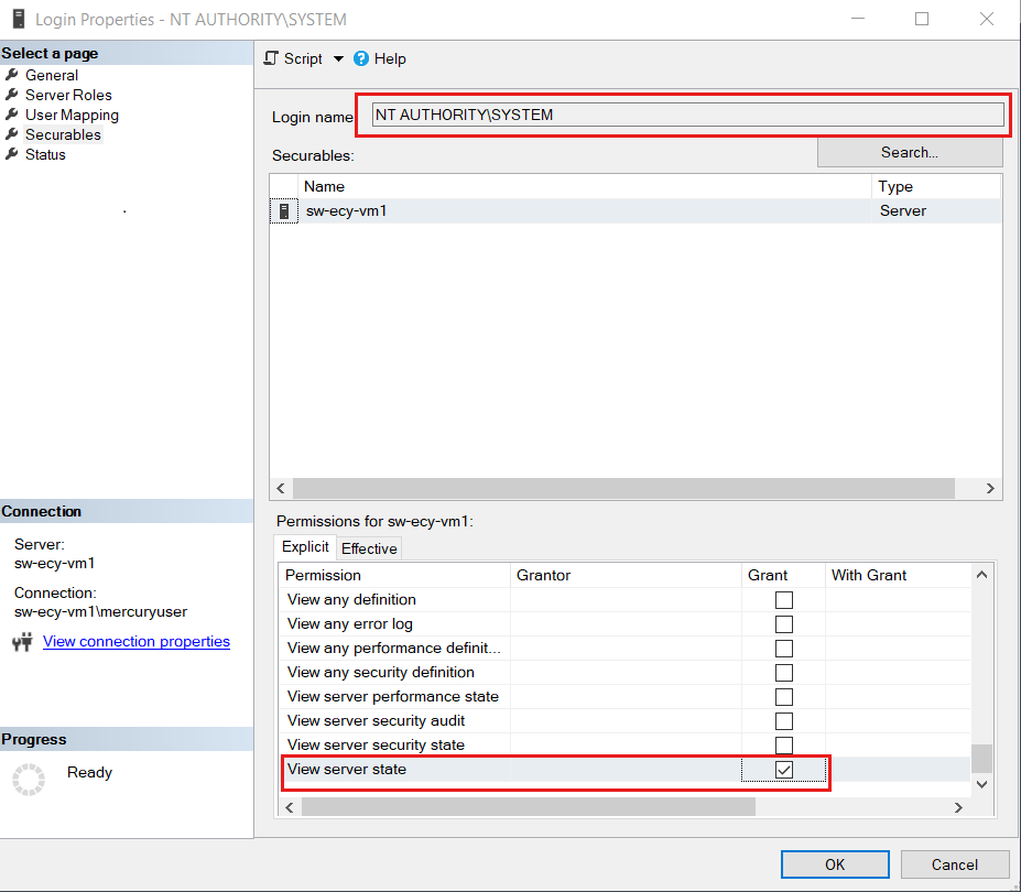 Screenshot shows how to check permission on an SQL server instance selected for backup.