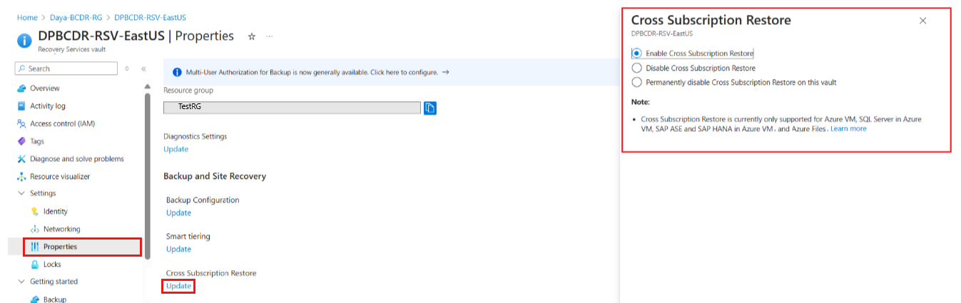Screenshot shows how to enable Cross subscription restore for a vault.
