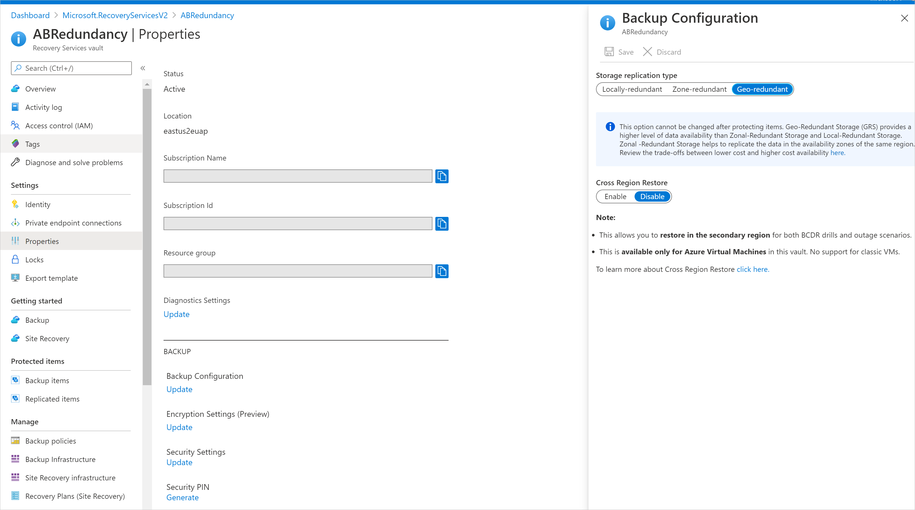 Screenshot shows how to set the storage configuration for a new vault.