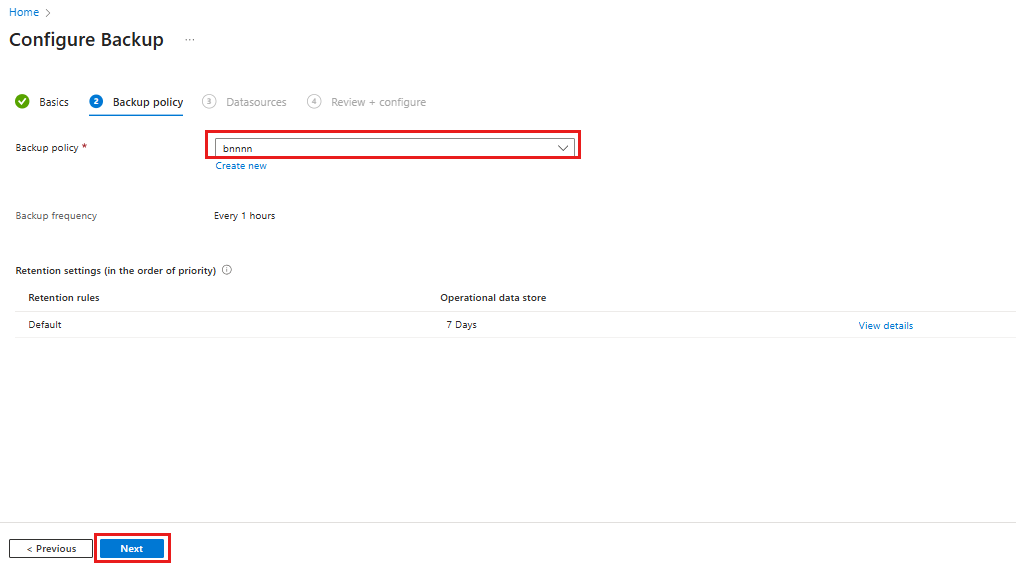 Screenshot shows how to choose a Backup policy.