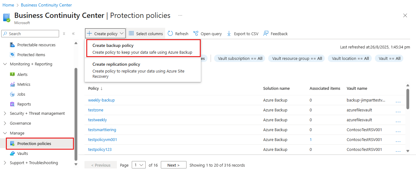 Screenshot shows how to start creating a backup policy.