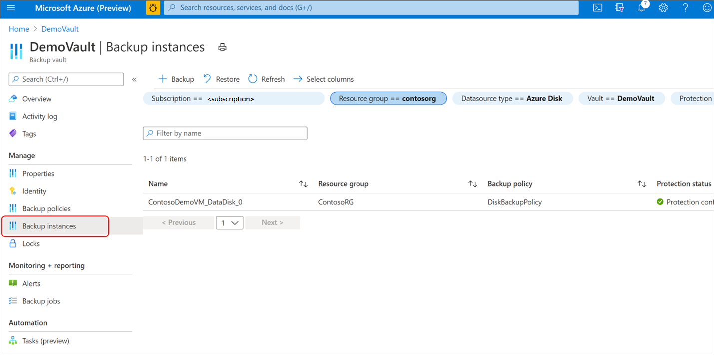 Screenshot shows the selection of backup instance.