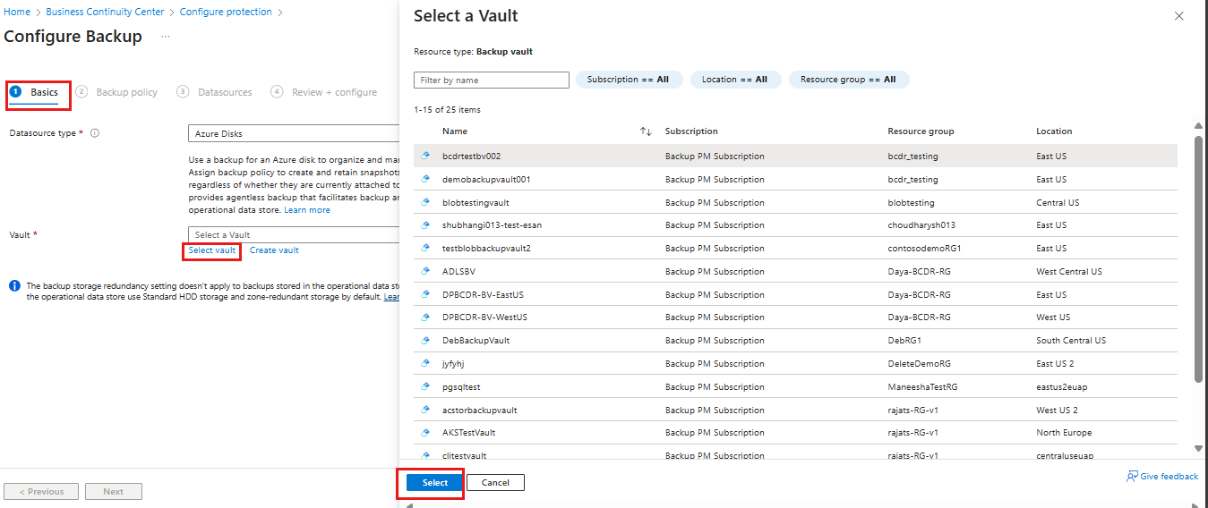 Screenshot shows the selection of a Backup vault for Azure Disk backup.