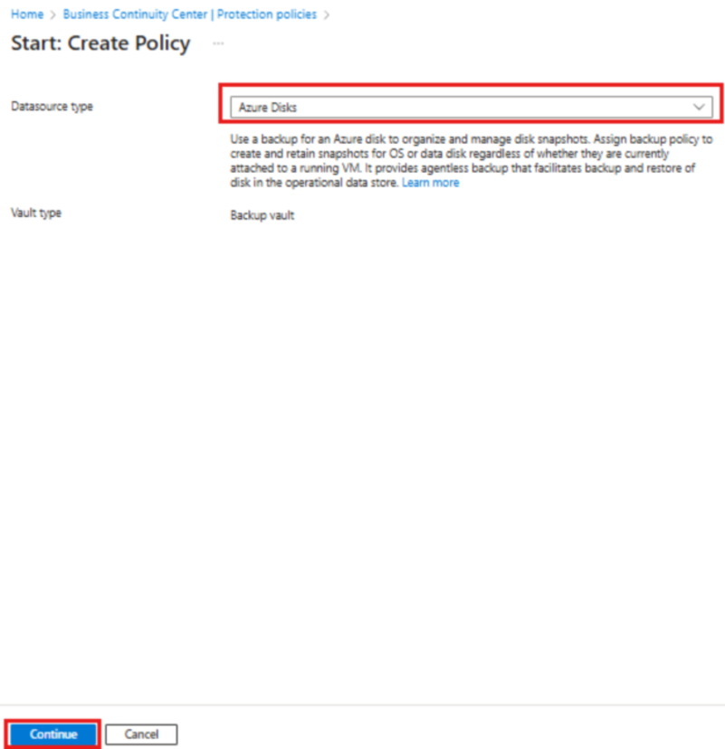 Screenshot shows how to select the datasource type to create a backup policy.