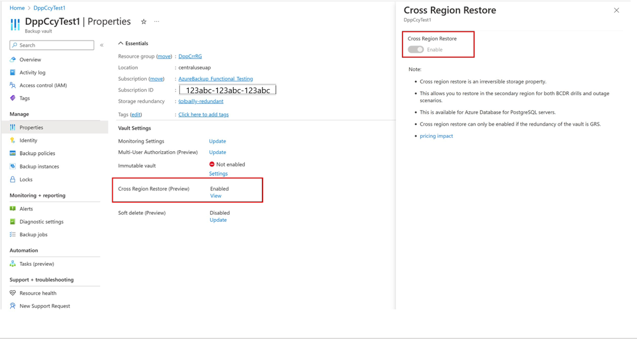 Screenshot shows how to enable Cross Region Restore for PostgreSQL database.