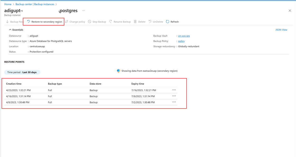 Screenshot shows how to initiate restores to the secondary region.