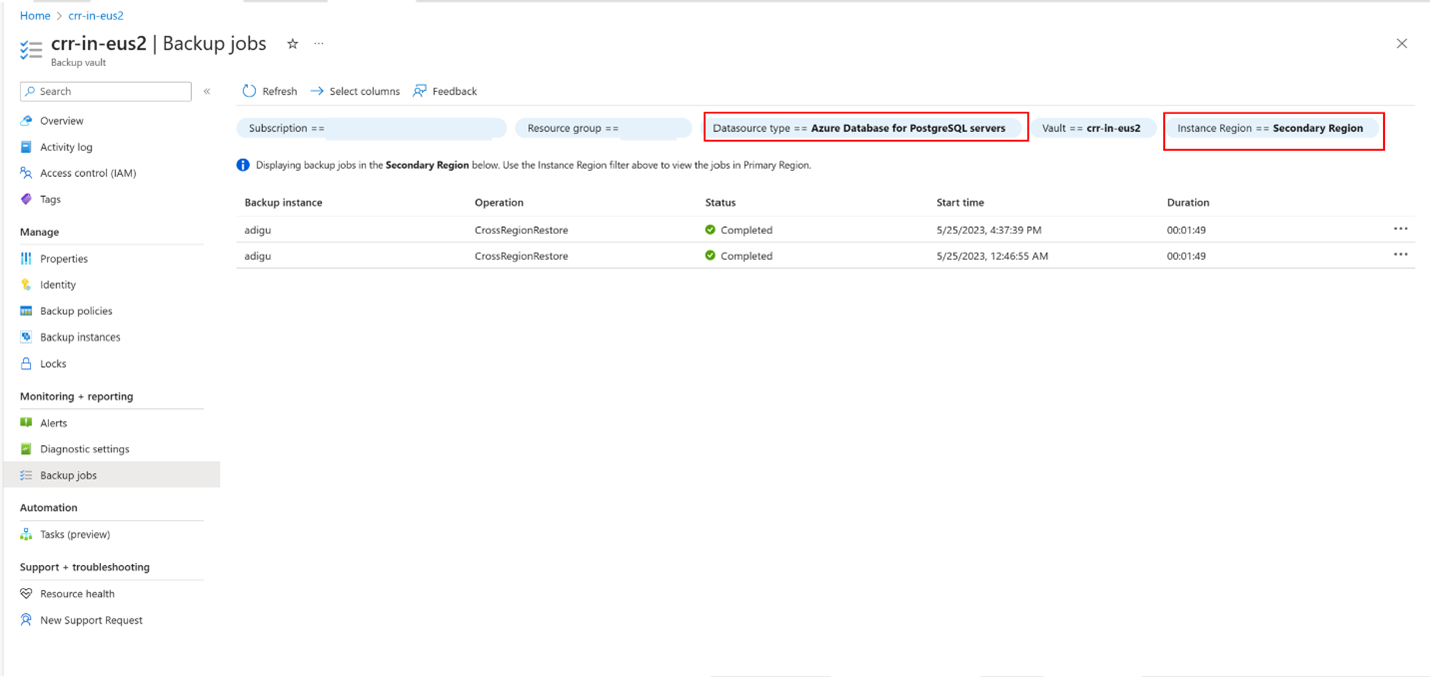 Screenshot shows how to monitor the postgresql restore to the secondary region.