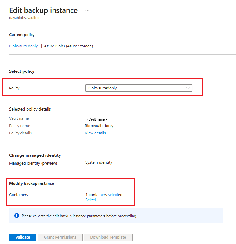 Screenshot shows  how to change a backup policy.