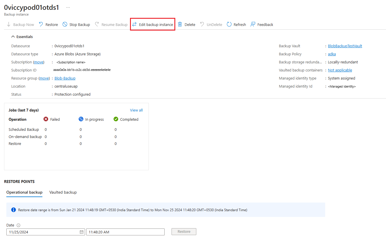 Screenshot shows  how to edit a backup instance.