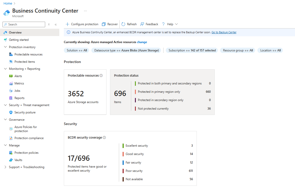Screenshot shows the Azure Business  Continuity Center console to manage the Azure Blob backups.