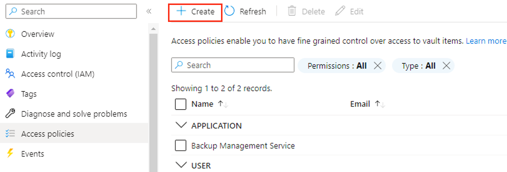 Screenshot that shows the button for creating an access policy.
