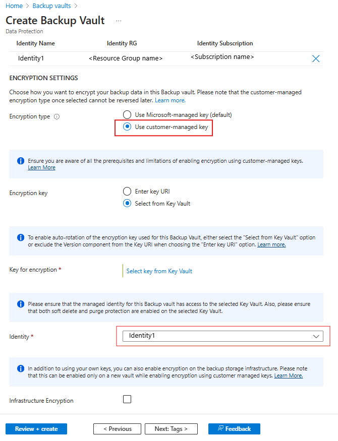 Screenshot that shows the option for using a customer-managed key and encryption key details.