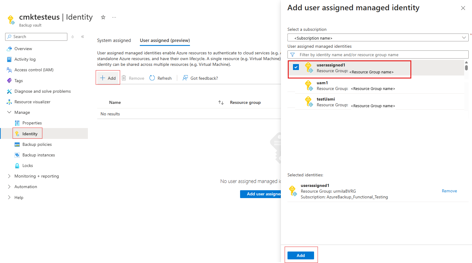 Screenshot shows the addition of user-assigned managed identity to the vault.