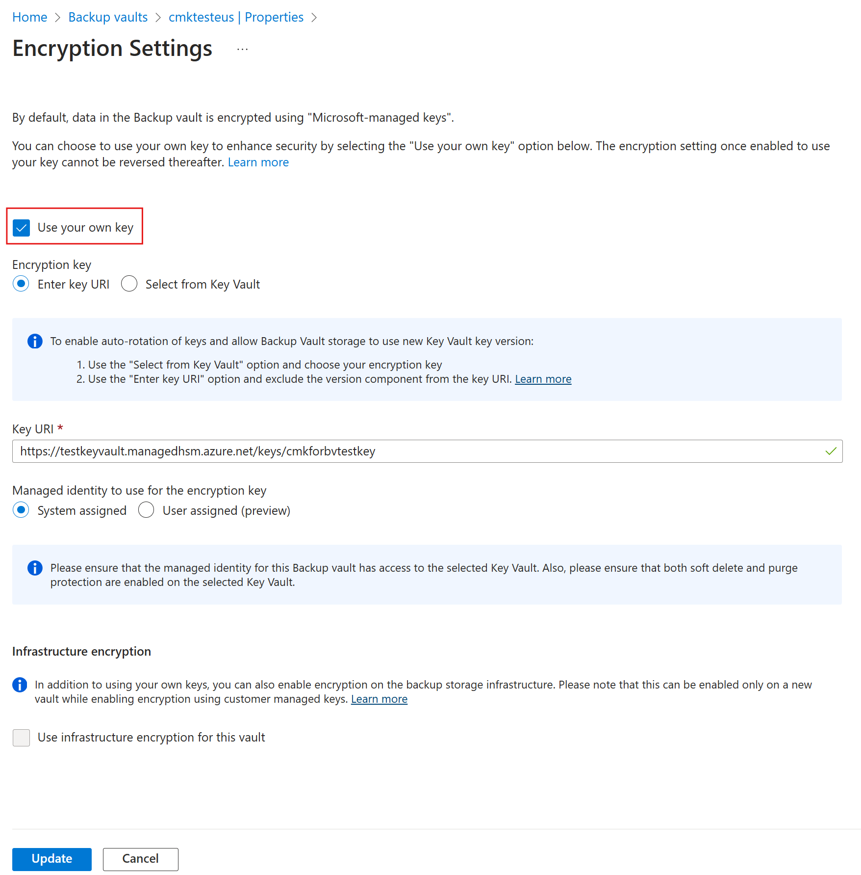 Screenshot that shows selections for entering a key URI.