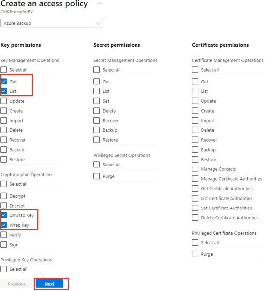 Screenshot that shows the selection of key permissions.