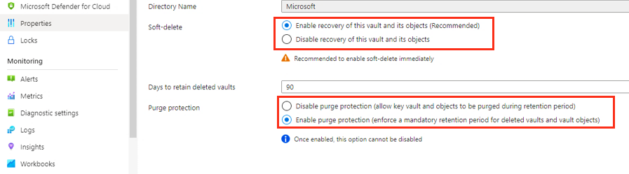 Screenshot of options for enabling soft delete and purge protection.