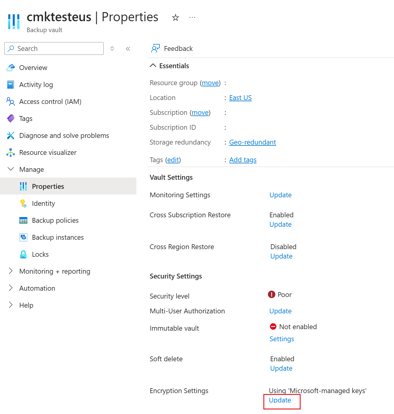 Screenshot that shows the link for updating encryption settings.