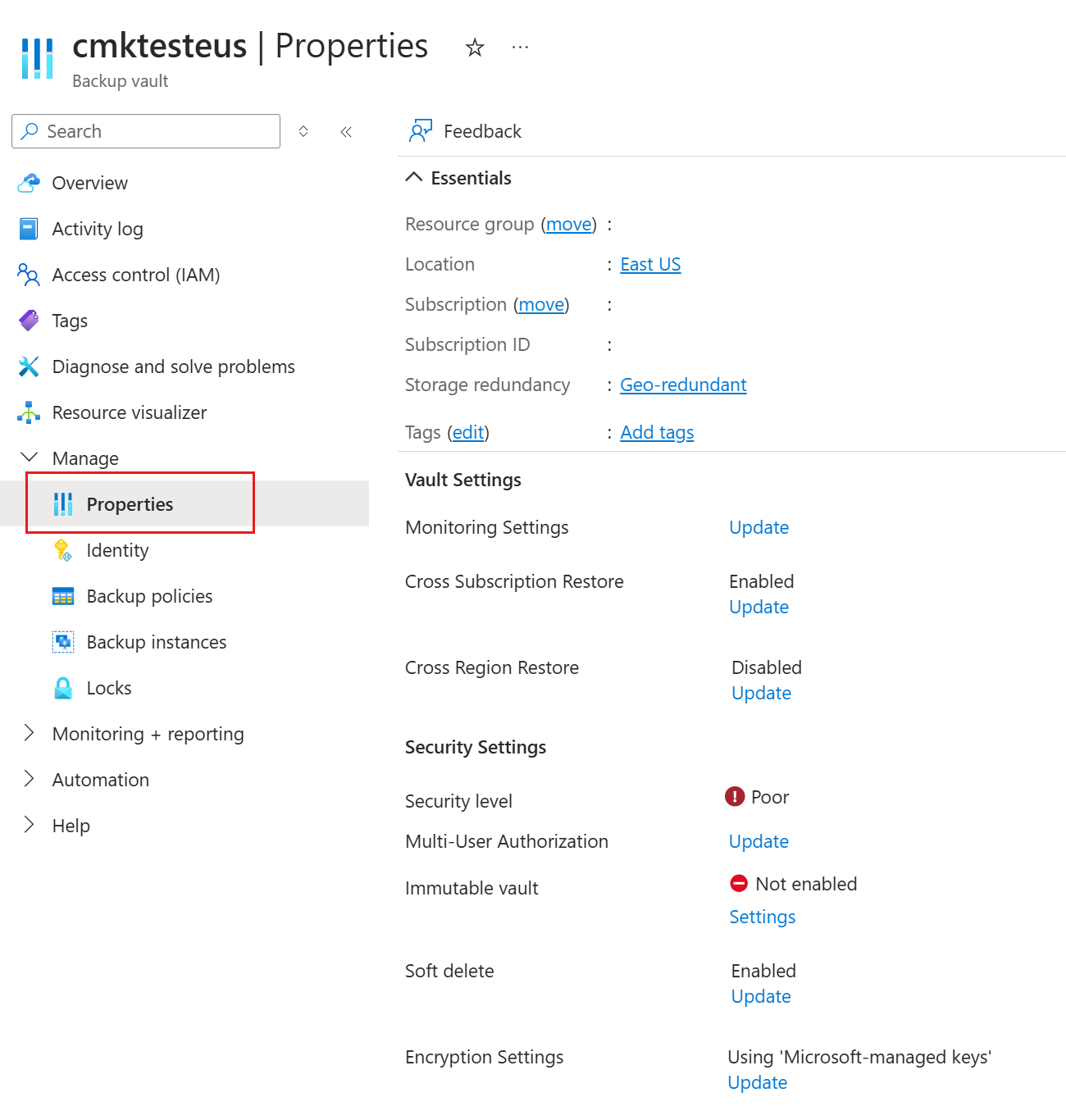 Screenshot that shows properties for a Backup vault.