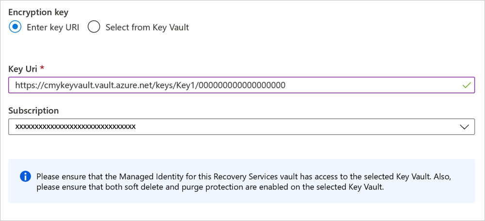 Screenshot that shows a key URI for a Backup vault.