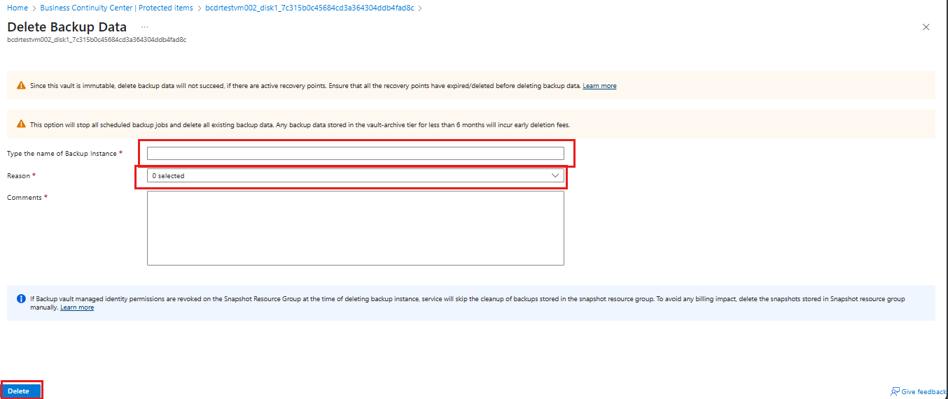 Screenshot shows how to confirm the deletion of backup instances.