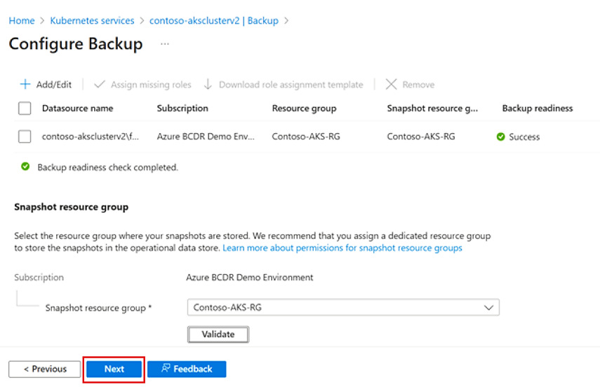 Screenshot that shows the resolved Configure Backup page.