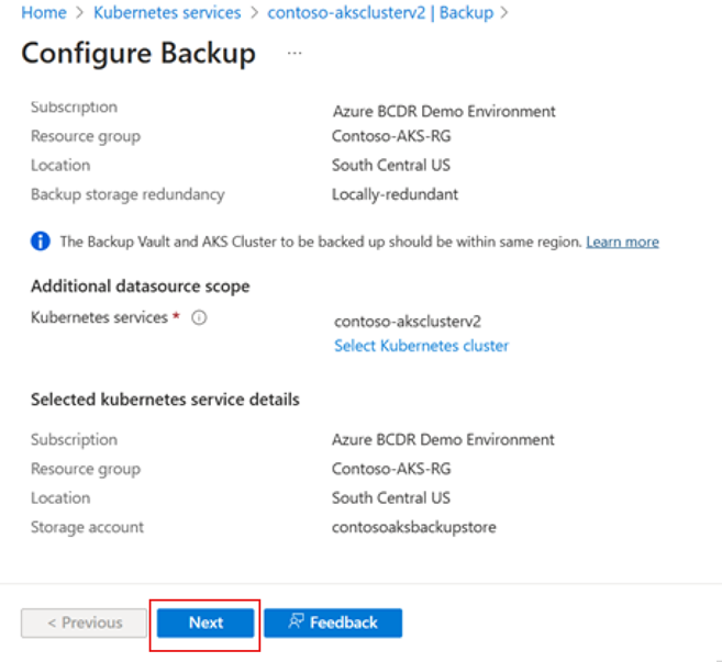 Screenshot that shows the review page for Configure Backup.