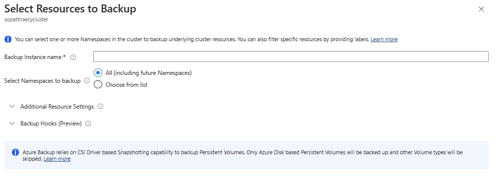 Screenshot that shows how to select resources to add to the backup.