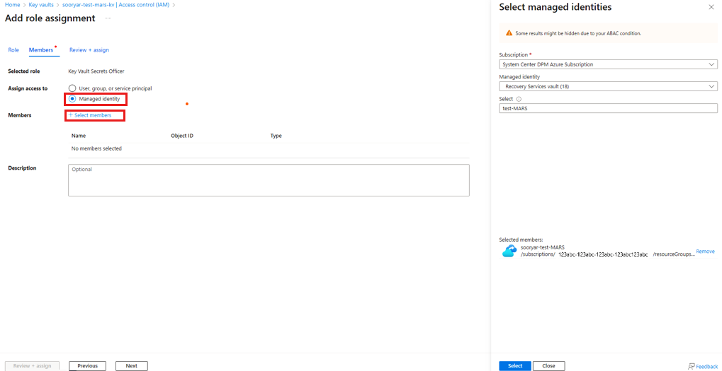 Screenshot shows how to add members in managed identity.