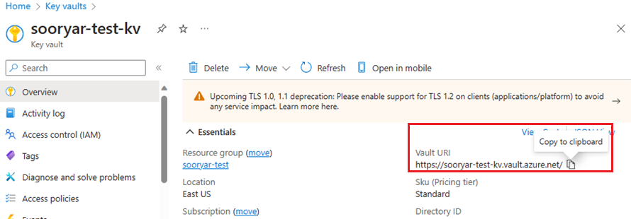 Screenshot shows how to copy the Key Vault URI.