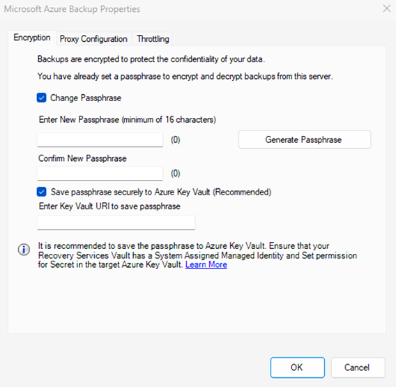 Screenshot shows the option to save passphrase to Key Vault by providing a Key Vault URI gets generated.