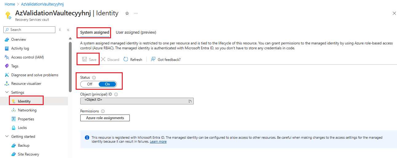 Screenshot shows how to go to Identity in Recovery Services vault.