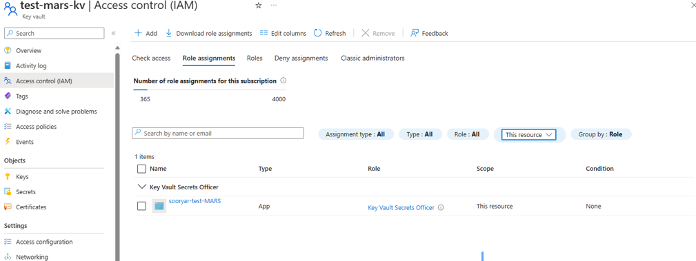 Screenshot shows the Recovery Services vault is listed in access control.
