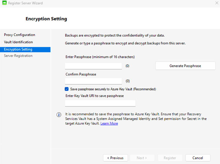 Screenshot shows the option to save the passphrase to Azure Key Vault to be selected.
