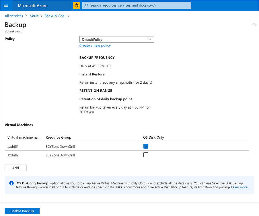 Screenshot that shows configuring backup for the OS disk only.