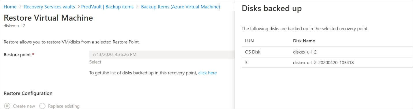 Screenshot that shows the VM restore and Replace existing options aren't available during the restore operation.