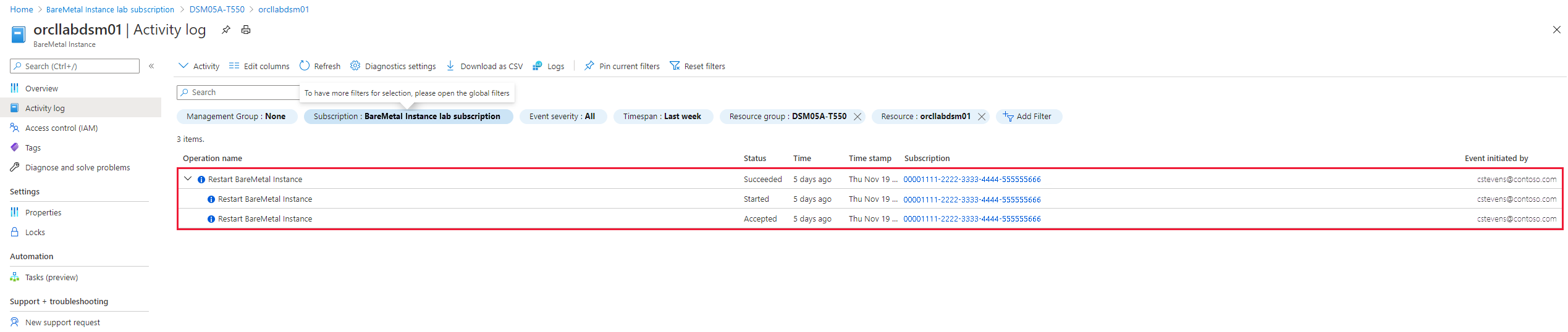Screenshot of the BareMetal instance activities.