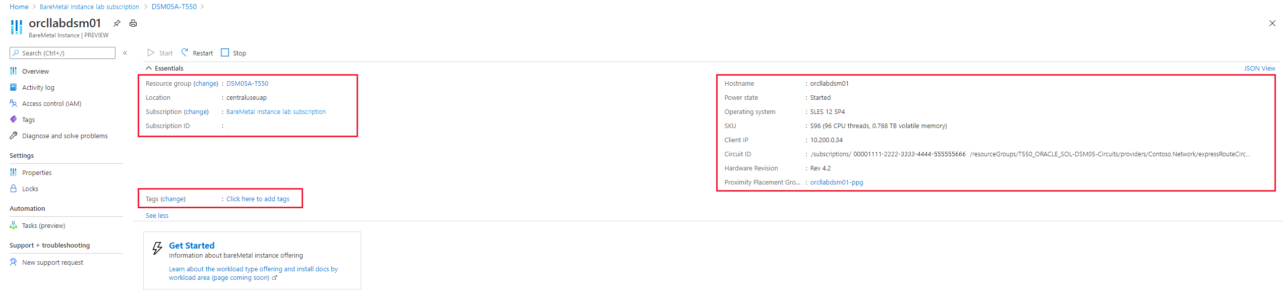 Screenshot of the Azure Large Instances attributes of a single instance.