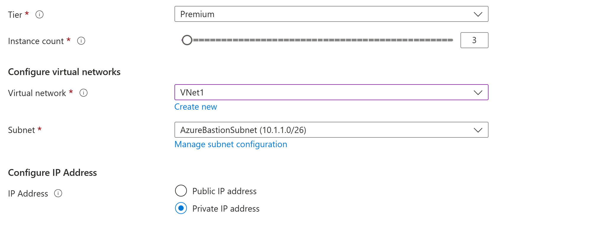 Screenshot of Azure Bastion IP address configuration settings.