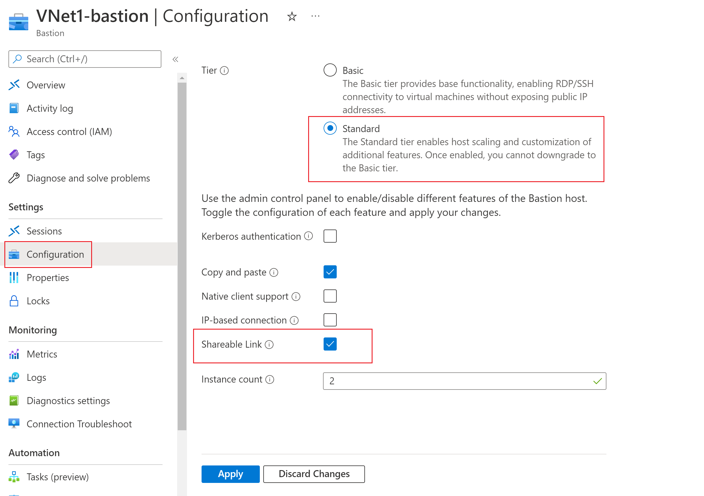 Screenshot of Configuration settings with shareable link selected.
