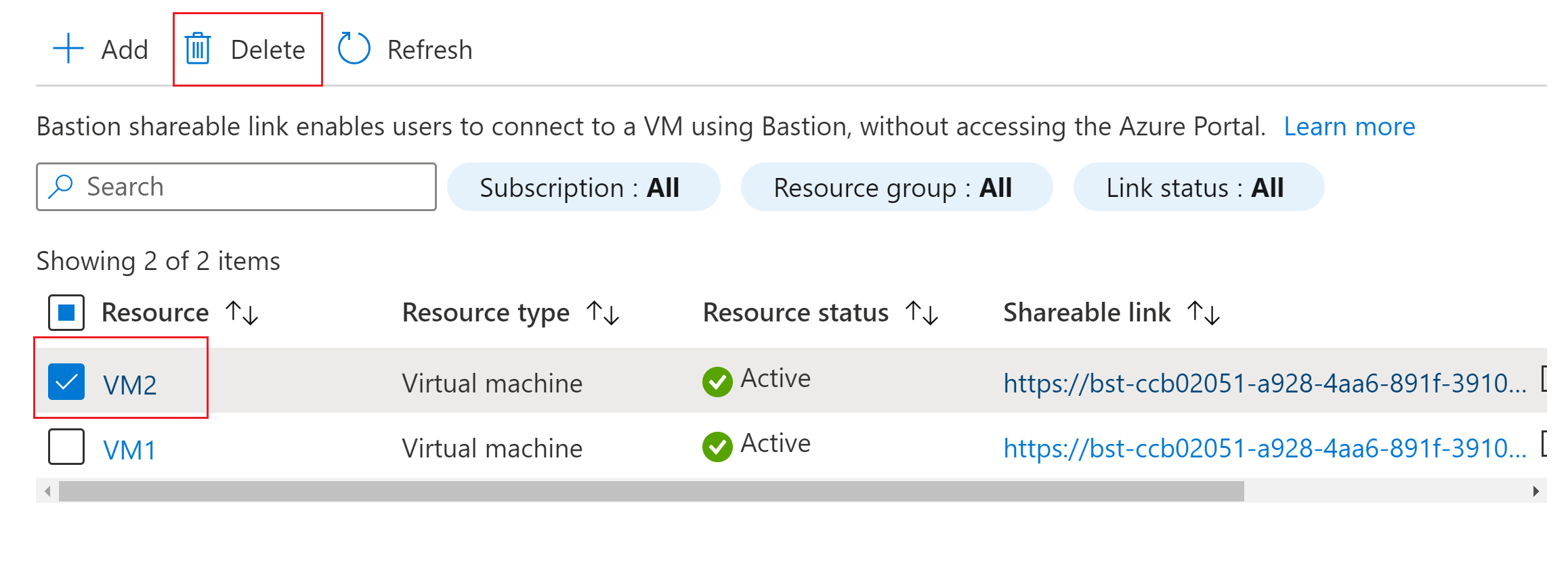 Screenshot of selecting link to delete.