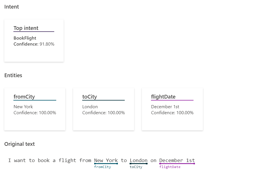 A screenshot of a conversational language understanding example.