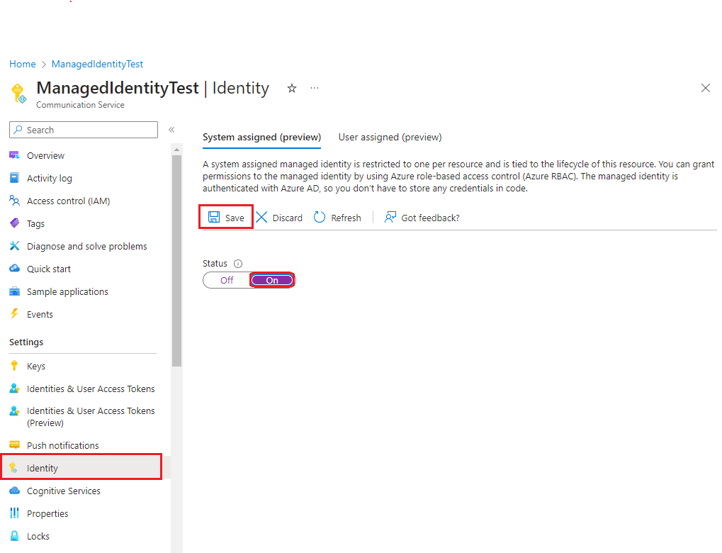 Screenshot that shows how to enable system assigned managed identity.