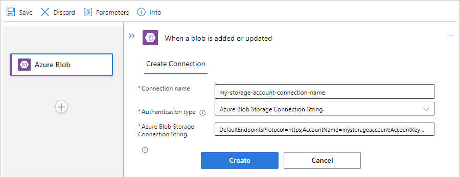 Screenshot showing Standard workflow, Azure Blob built-in trigger, and example connection information.
