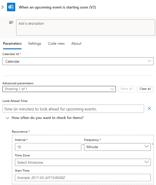Screenshot showing the Consumption workflow trigger parameters.