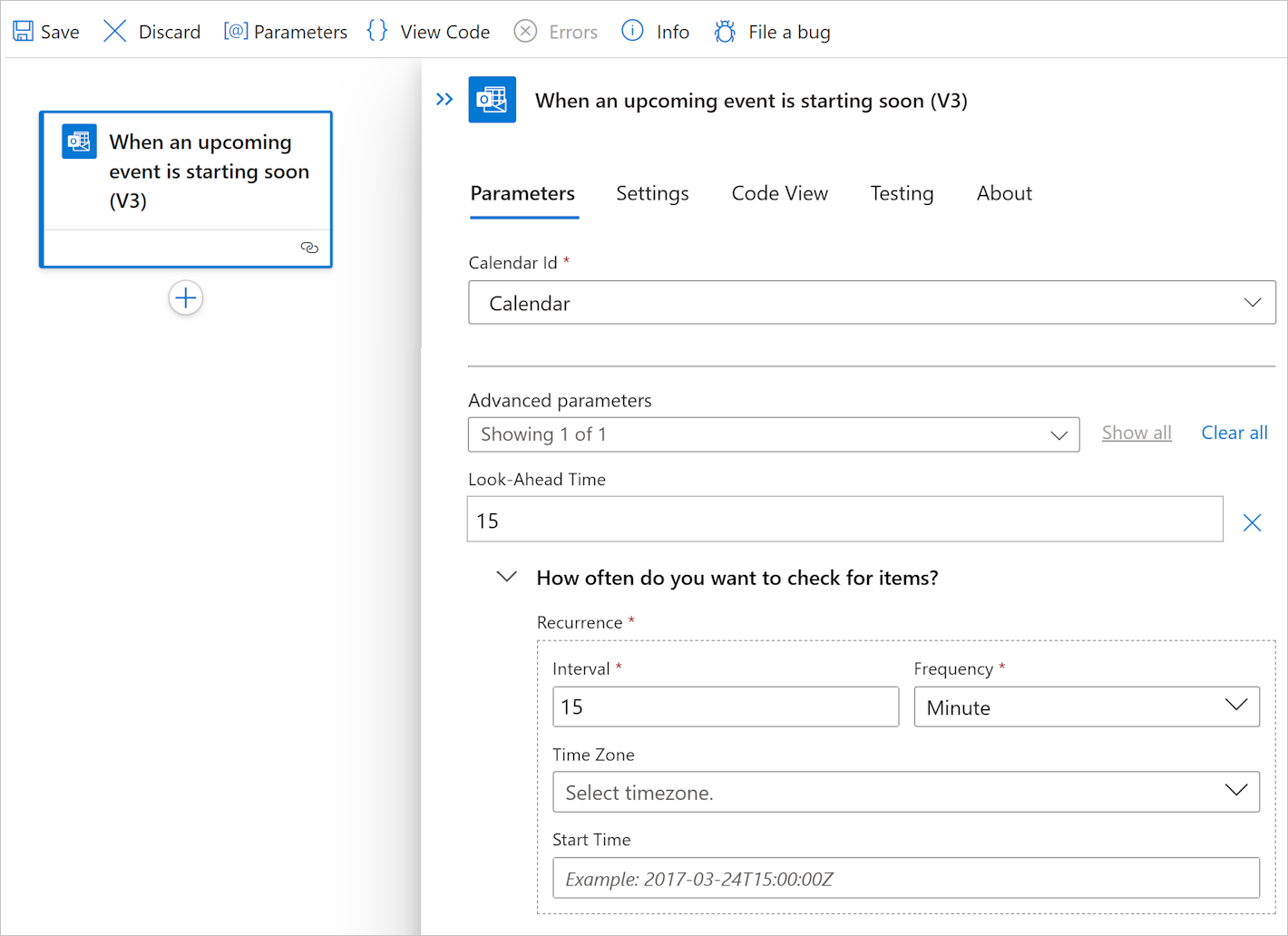 Screenshot showing the Standard workflow trigger parameters.