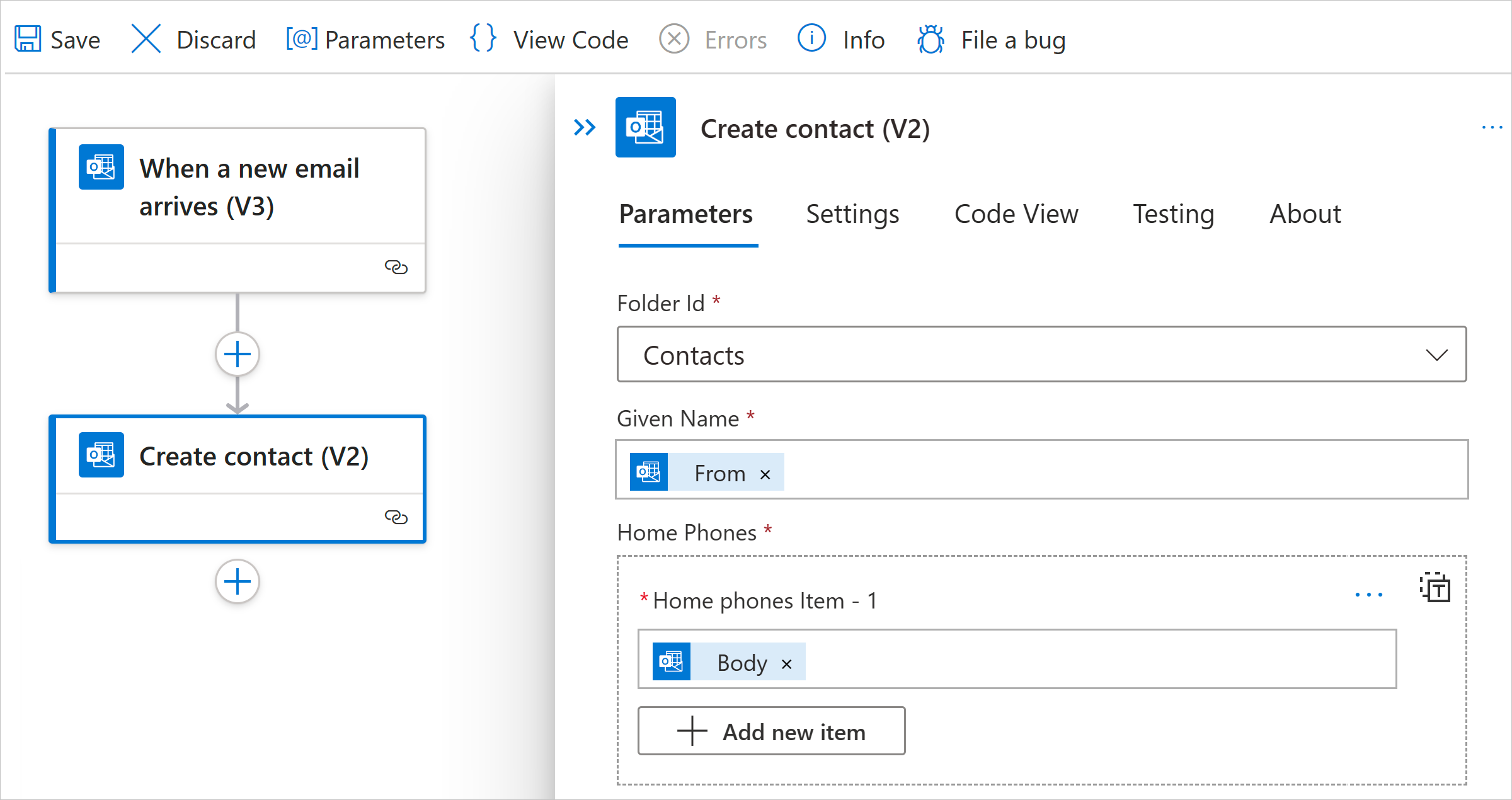 Screenshot showing the Standard workflow action parameters.