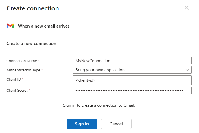 Screenshot shows the Create connection page.