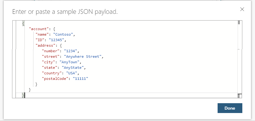 Screenshot showing Consumption workflow, Request trigger, and sample payload entered to generate schema.