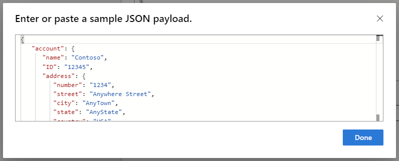 Screenshot showing Standard workflow, Request trigger, and sample payload entered to generate schema.
